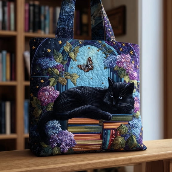 Black Cat Quilted Tote Bag, Large Padded Carryall for Work, Travel and Daily Use