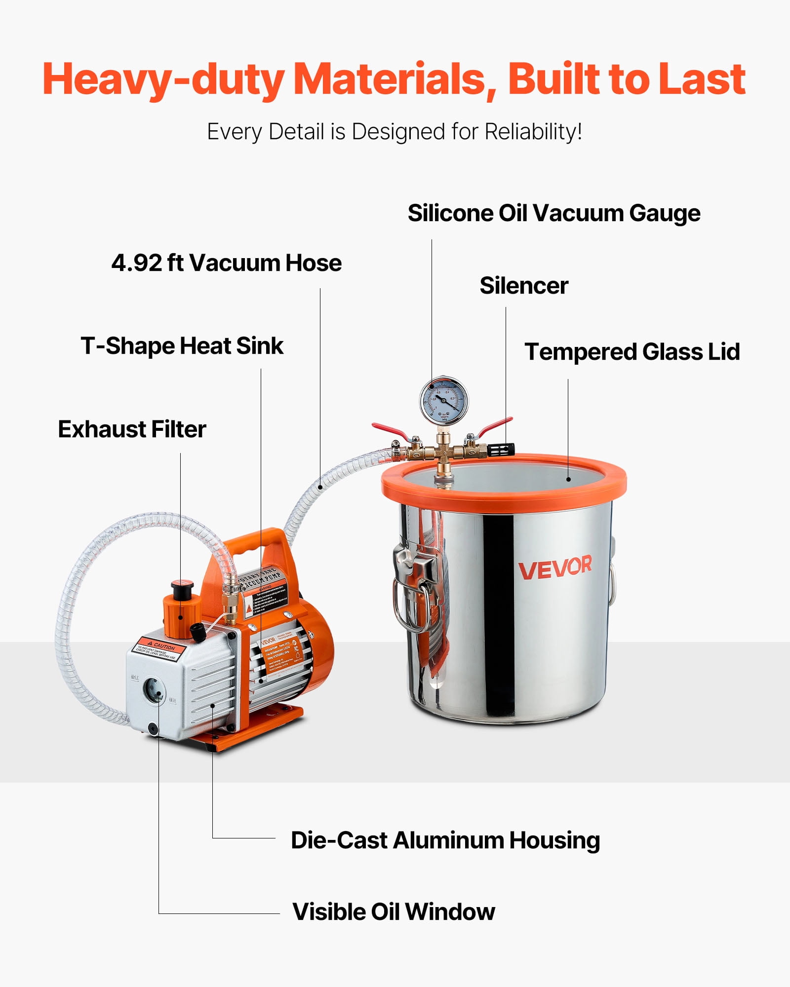 VEVOR 3 Gal Vacuum Chamber with Pump, 3.5 CFM, Stainless Steel Degassing Chamber Kit, Single Stage Vacuum Pump, Tempered Glass Lid, 4.92 ft Hose, Oil, for Stabilizing Wood Degassing Silicone Resin