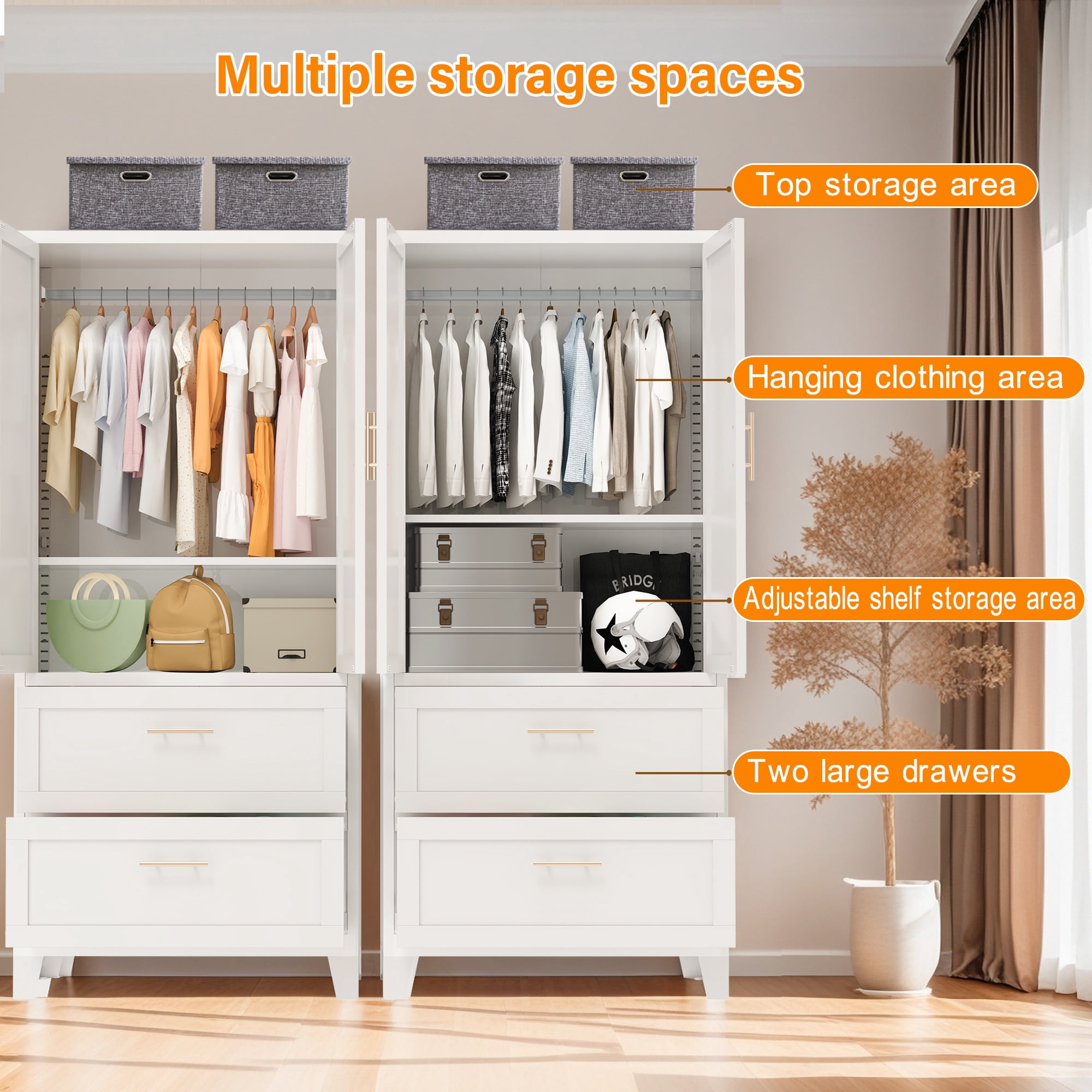 Leumius 71" Tall Metal Wardrobe Closet,Modern Armoire Wardrobe Cabinet 2 Drawers & Hanging Rod,Clothes Storage Organizer Cabinets with Double Doors for Bedroom,Living Room-White