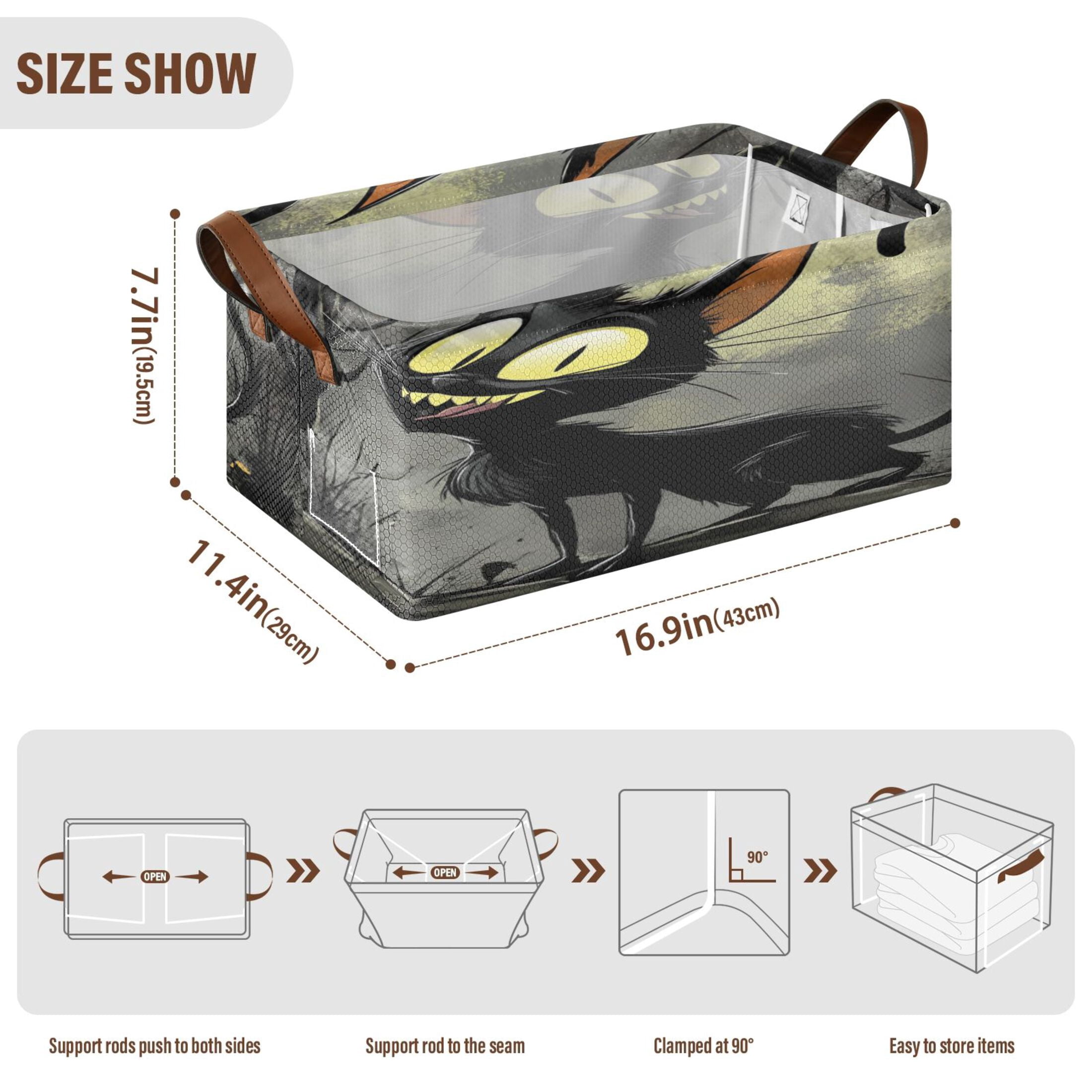 Funny Black Cat Storage Basket Soccer Plaid Fabric Hoard Box Oversized Collapsible Closet Organizer with Metal Iron Frame 16.9×11.4×7.7in