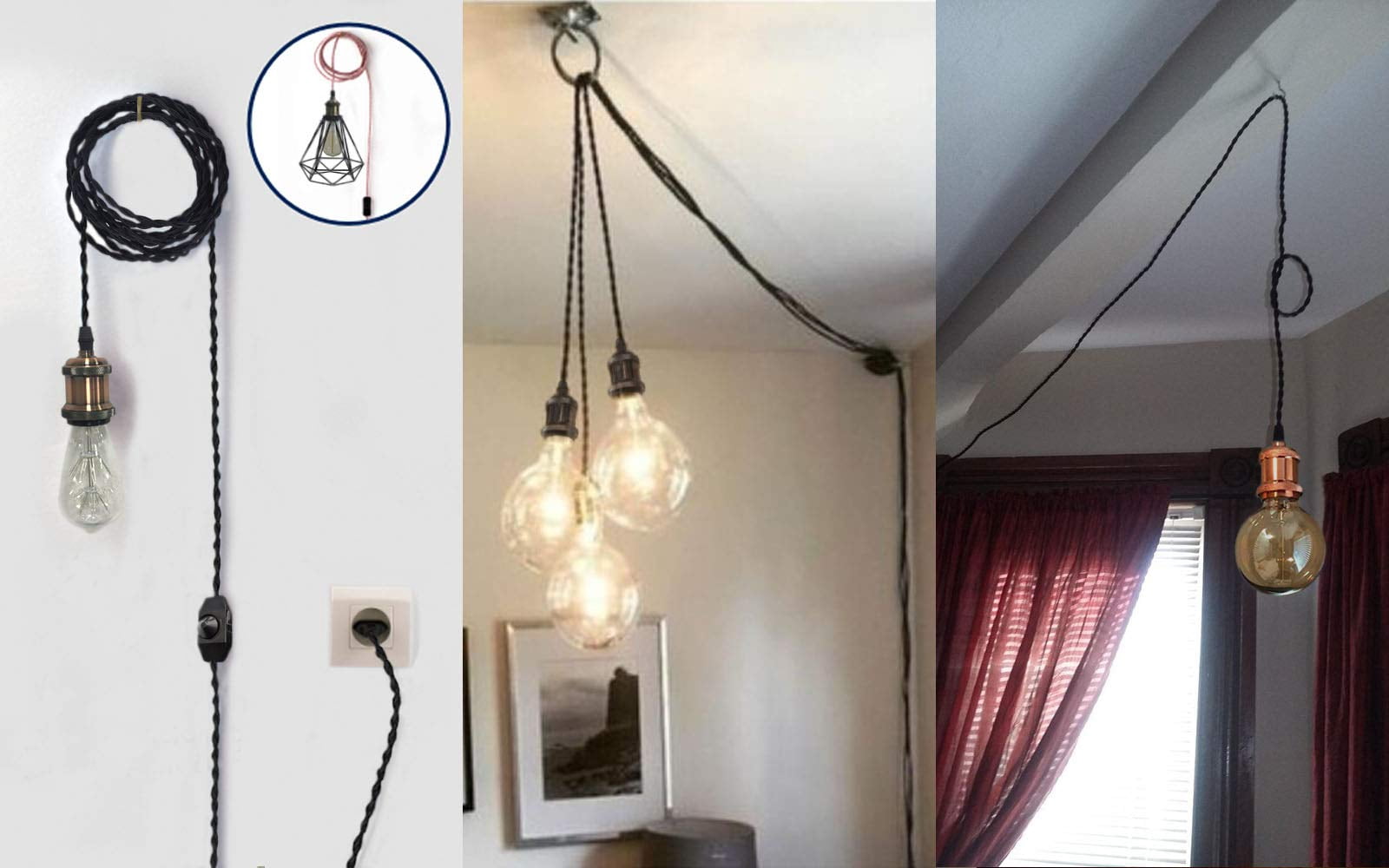 Kiven Single Chrome Edison Socket Vintage-Style Pendant Light Cord w/Dimmer, 14.7FT Twisted Black Cloth Bulb Cord Hanging Light Fixture