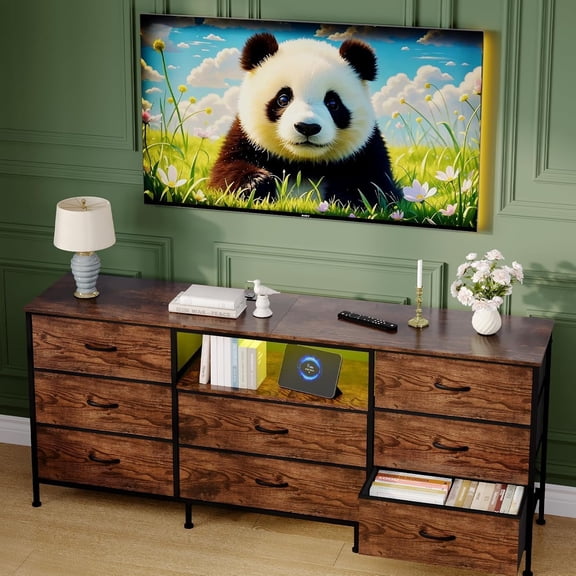 TV Stand Dresser for 45-65 Inch TV, Entertainment Center with LED Lights, 8 Fabric Drawers, Metal Frame Storage Cabinet with Wood Top for Living Room Bedroom Hallway