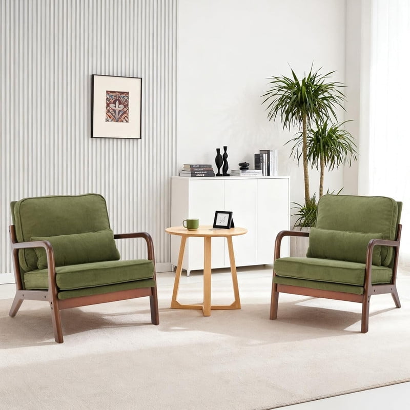 Simenmax Mid Century Modern Accent Chair, Lounge Chair with Cushion, Solid Wood Chair with Arms, Reading Chair for Living Room, Bedroom,Green