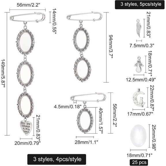 52Pcs 3Styles Wedding Bouquet Photo Charm Double Frame Memorial Photo Charm Oval Lace Bridal Charm with Angel Wing Pendant Iron Safety Pin Brooch