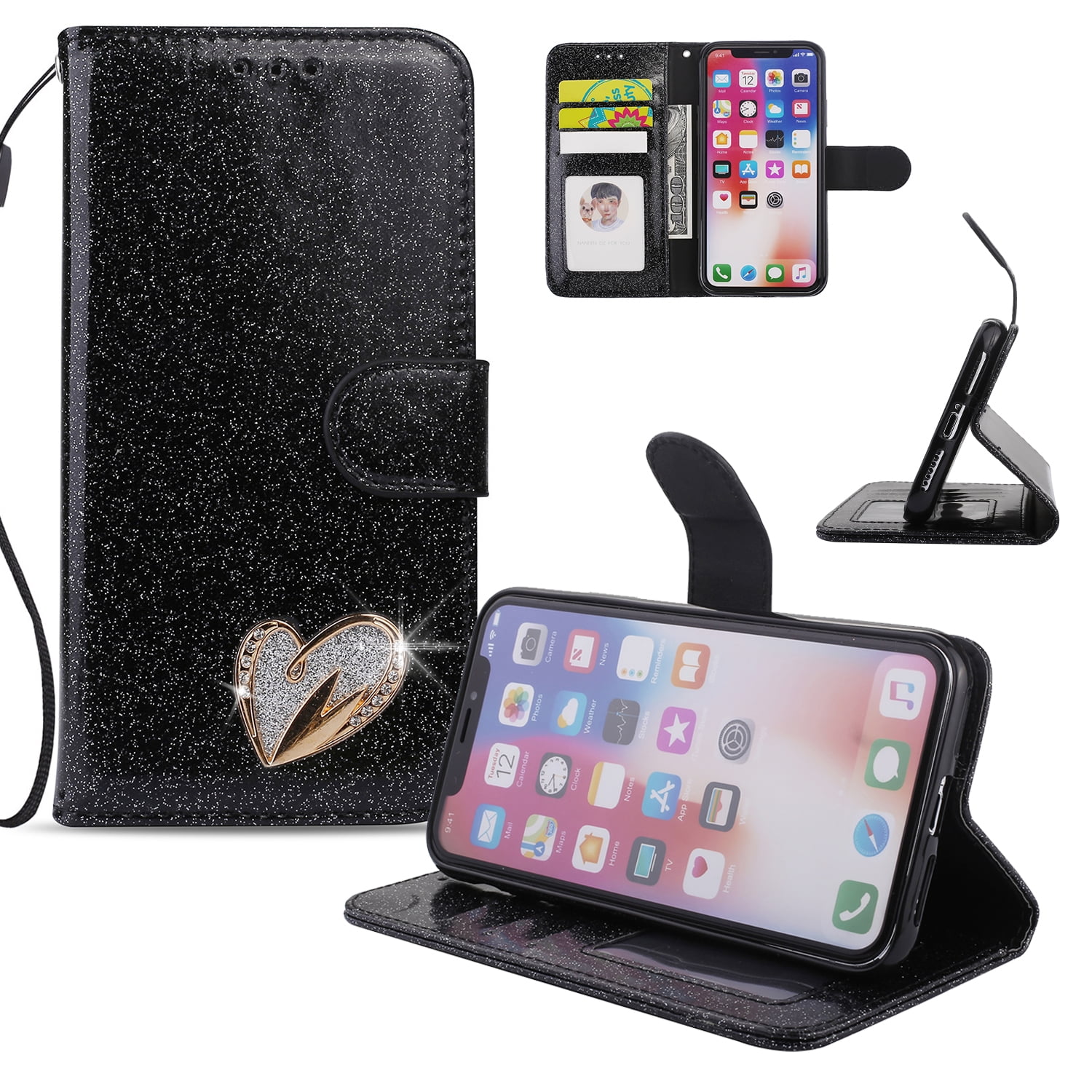 iPhone XR Case Wallet, iPhone XR 2018 Case, Allytech Glitter Folio Kickstand with Wristlet ...