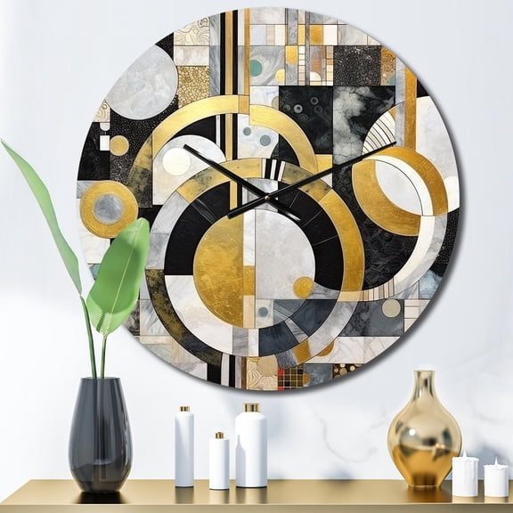 Designart "Geometric Illusions Gold Black Gold Abstraction" Abstract Shapes Oversized Wall Clock
