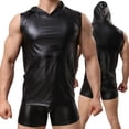 thumbnail image 7 of Men Leather Hooded T-shirt, Shiny Soft Leather, Sleeveless, Male Shaping Tank Vest, 7 of 7