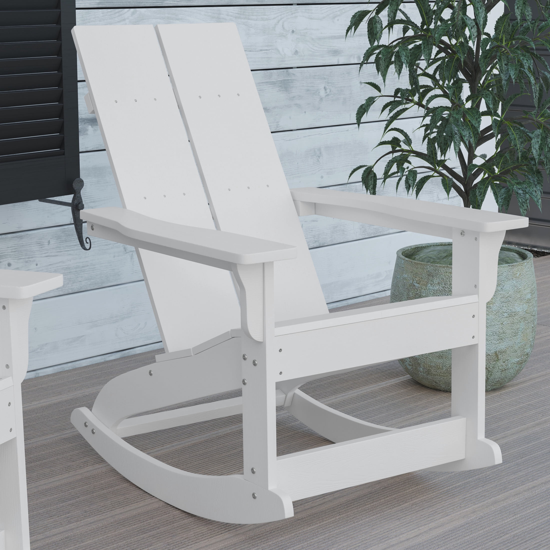 BizChair Modern Commercial Grade All-Weather 2-Slat Poly Resin Wood Rocking Adirondack Chair with Rust Resistant Stainless Steel Hardware in White