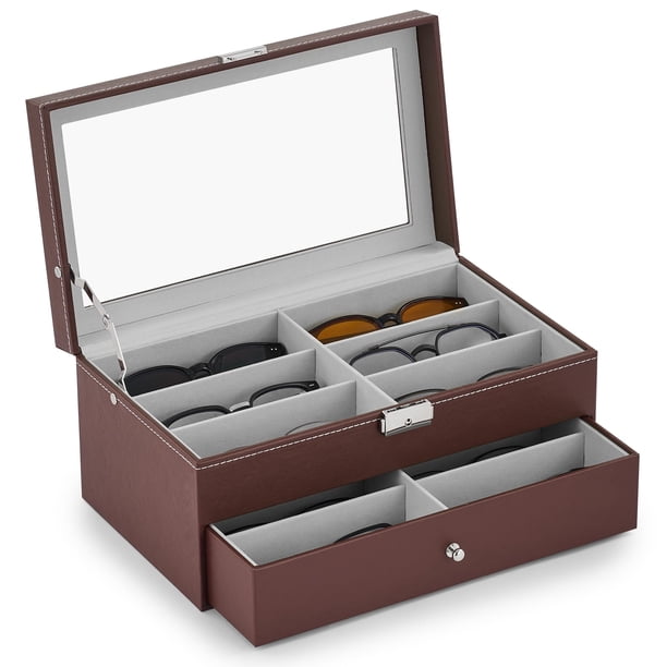 Organizador de Anteojos de Sol CO-Z de Cuero con 12 Compartimentos y Cerradura Marrón