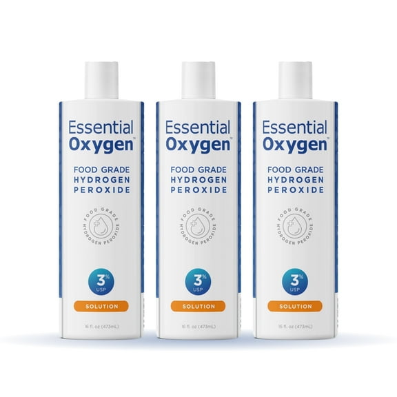 Essential Oxygen 3% Food Grade Hydrogen Peroxide, Non-Toxic All Purpose Cleaner, 16 oz, Pack of 3