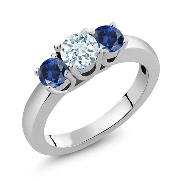 Gem Stone King 1.00 Ct Round Sky Blue Aquamarine Blue Created Sapphire 925 Sterling Silver Classic 3-Stone Ring for Women (Size 8)