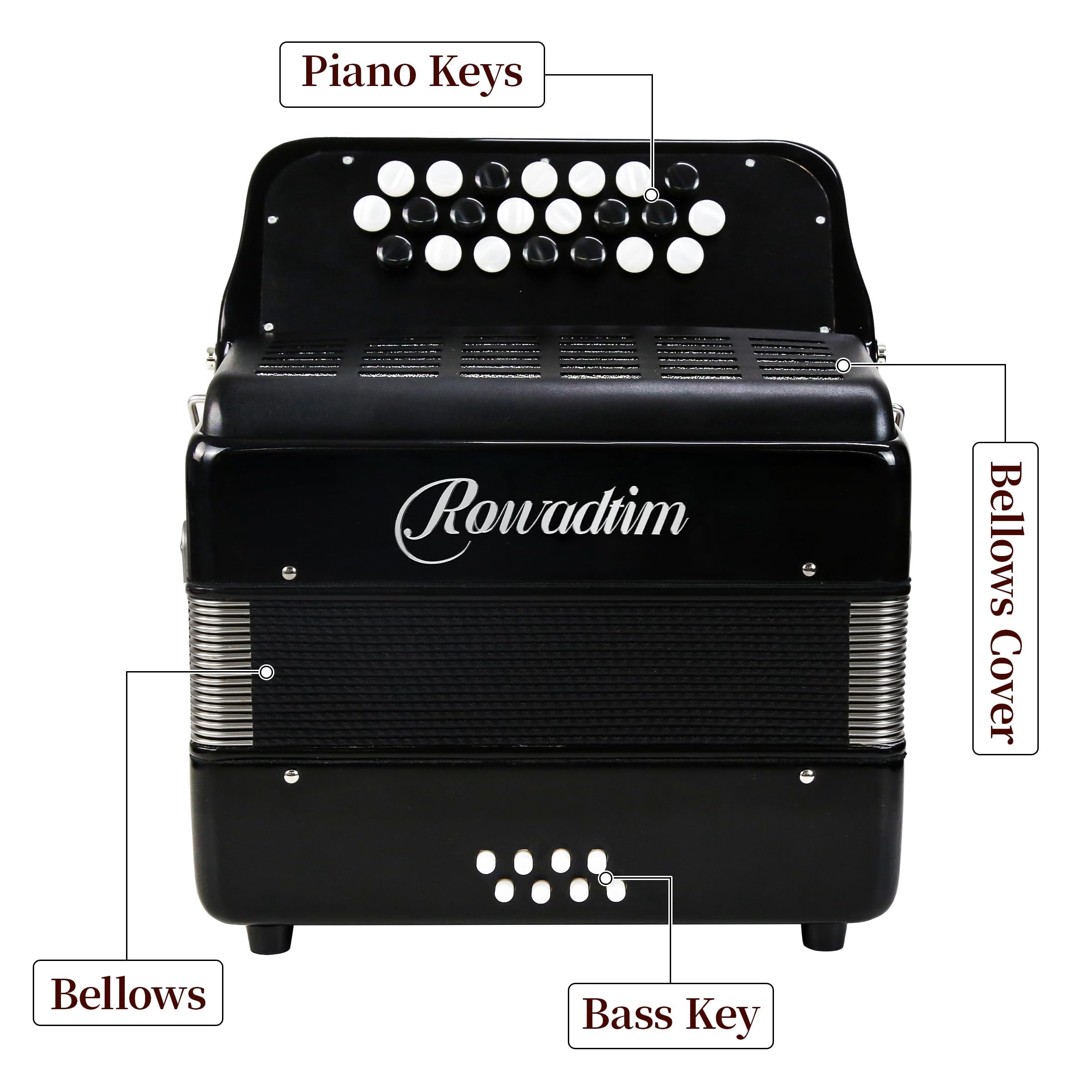 Rowadtim 22 Keys Accordion, 8 Bass Student Piano Accordions Suitable for Beginners and Students; Lightweight and Portable,with Backpack and Adjustable Straps (Black)
