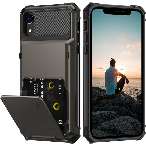 for iPhone XR Case with Card Holder[Store 5 Cards] Dual Layer Heavy Duty Shockproof Wallet Case with Hidden Card Slot Large Storage Case for iPhone XR(Gunmetal)