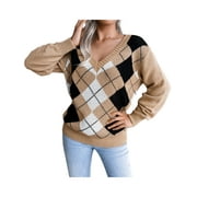 Seyurigaoka Women's Juniors V Neck Long Sleeve Argyle Print Loose Knitted Sweaters