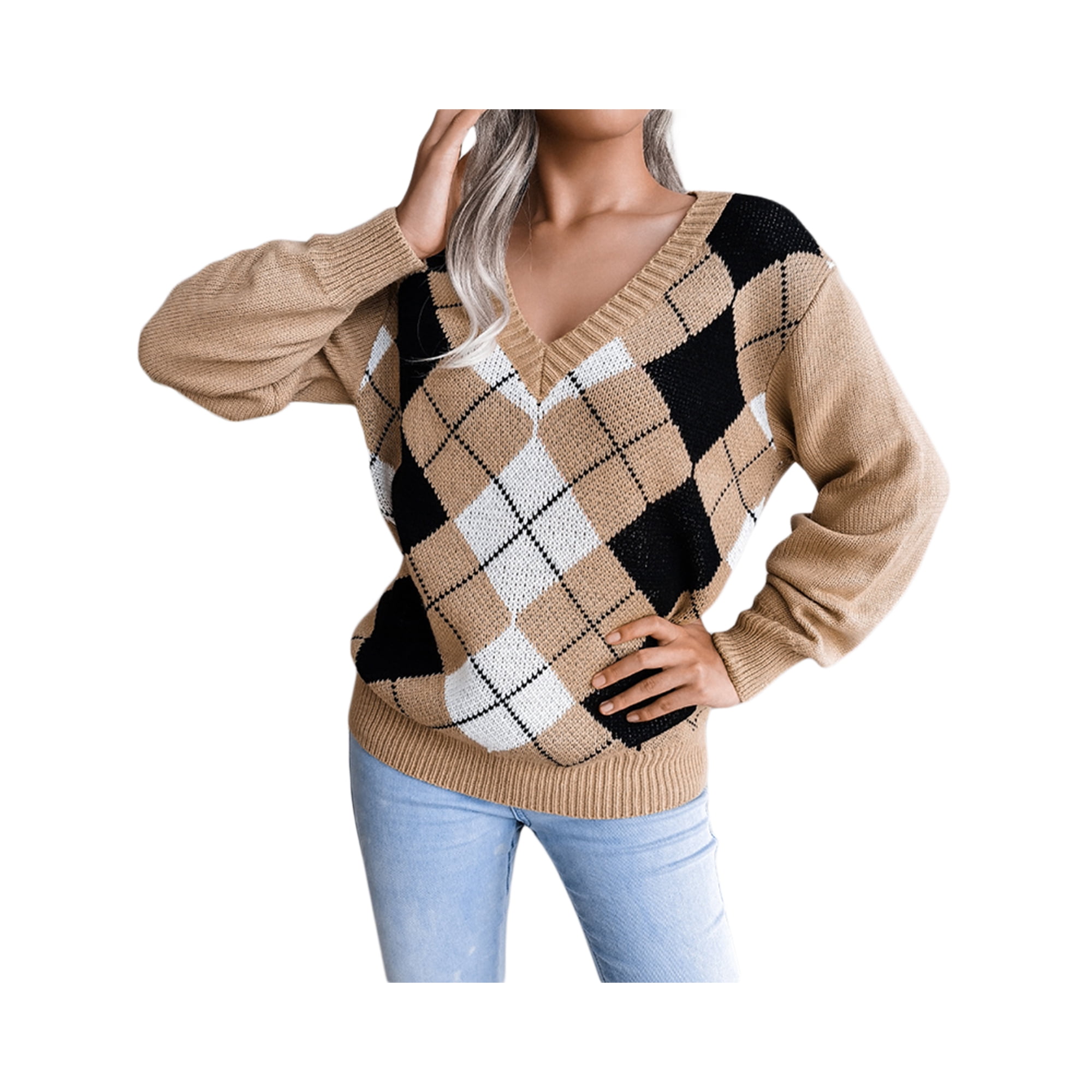 hirigin Women's V Neck Long Sleeve Argyle Print Loose Knitted Sweaters -  Walmart.com
