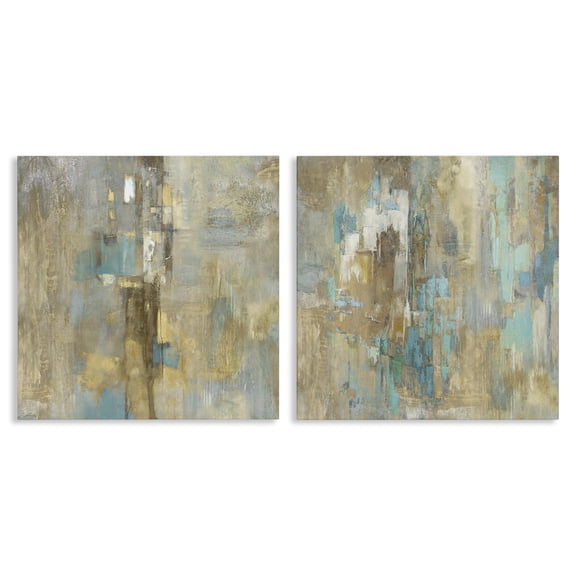 Stupell Industries Blue & Rustic Gold Composition Plants & Flowers Painting Wrapped Canvas Art Print Wall Art, 17 x 17, Set of 2