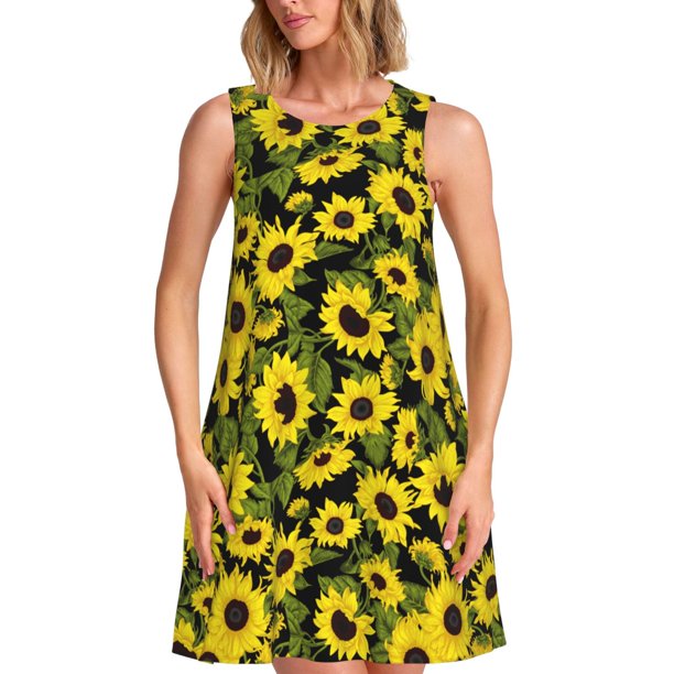 Fotbe Sunflowers In Vintage Vestido de Verano sin Mangas para Mujer – Vestido Midi Línea A, Estilo Camiseta Floral, Vestido Playero Casual y Fluido
