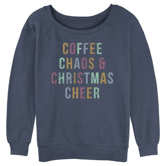 Junior's Lost Gods Distressed Coffee Chaos Christmas  Sweatshirt Blue Heather 2X Large