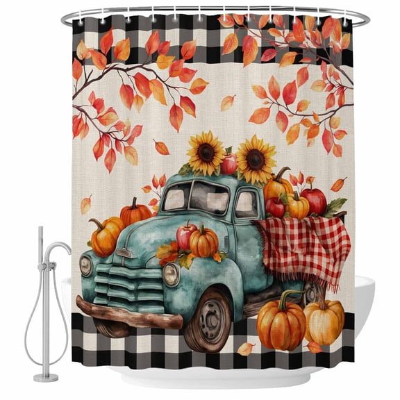 Teal Truck Fall Shower Curtain, Waterproof Shower Curtains for Bathroom, Thanksgiving Pumpkins Maple Leaves Rustic Washable Fabric Bathtub Curtain Set Bath Decor with 12 Hooks Standard 72"x72"