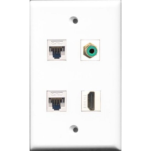 RiteAV 1 Port HDMI and 1 Port RCA Green 2 Port Cat5e Ethernet White Wall Plate