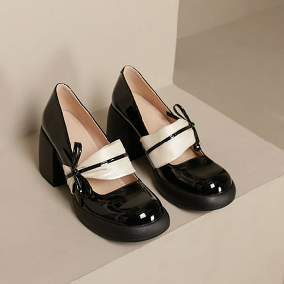 Weloille Chunky Heel Patent Leather Casual Single Shoes Fashionable And Elegant Women's Lace Flowers Bow High Heels Round Toe Patent Leather High Heels