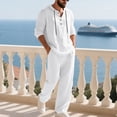 thumbnail image 5 of Men's 2 Piece Outfits Cotton Linen Long Sleeve Henley Hoodie Shirts Pants Set with Pockets for Casual Beach Yoga (L, White), 5 of 8