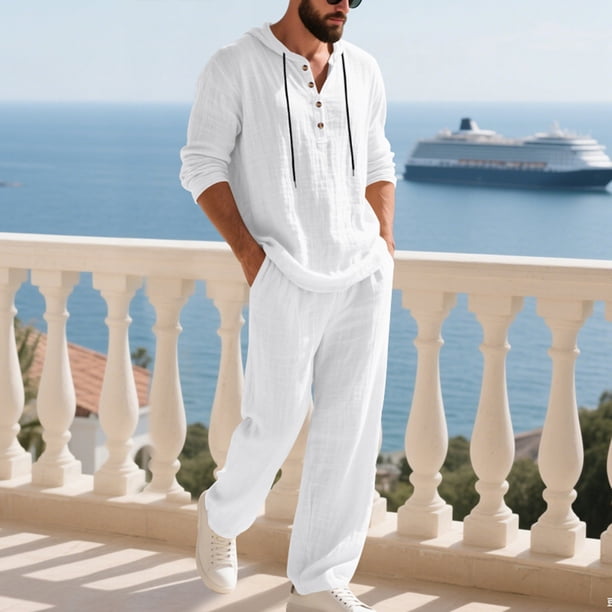 Ceisia Men's Loose Fit Cotton-Linen 2-Piece Set Hooded Henley Long Sleeve Shirt with Elastic Waist Wide Leg Pants Gifts