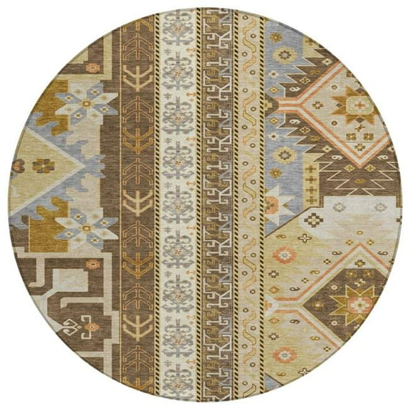 HomeRoots 598462 8 ft. Brown, Beige & Ivory Round Aztec Washable Indoor & Outdoor Area Rug