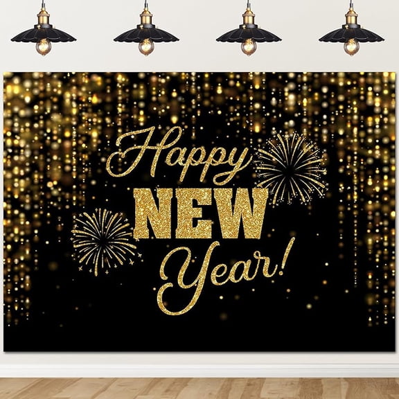 Happy New Year Backdrop Cheers to The New Year Black Gold Glitter Background 2026 New Year’s Eve Party Cake Table Decoration Banner Photo Booth Props