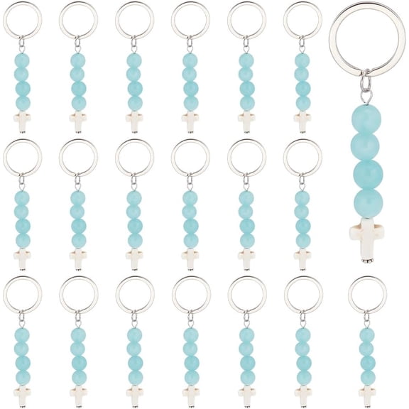 20Pcs Natural Jade Cross Pendant Keychain 3.5 Inch Synthetic Turquoise Bead with Cross Charm Natural Stone Keyring Energy Stone Keychain