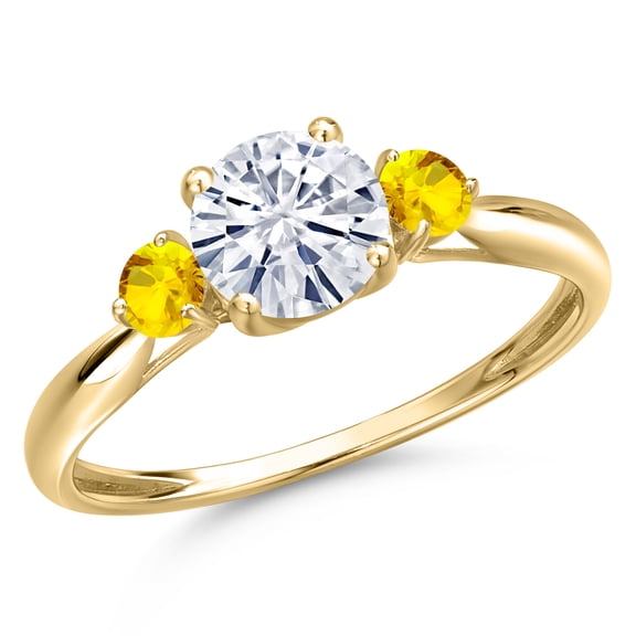 Gem Stone King 10K Yellow Gold White Moissanite and Yellow Sapphire 3-Stone Ring for Women | 1.07 Cttw | Round 6MM | Gemstone Birthstone | Size 9