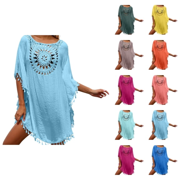 Swimsuit Coverup for Women Batwing Sleeve Crewneck Tassel Hem Crochet Loose Beach Cover Up Dress Bathing Suit Dress