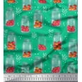thumbnail image 1 of Soimoi Green Cotton Jersey Fabric Bottle Vase & Strawberry Fruits Print Fabric by the Yard 58 Inch Wide, 1 of 3