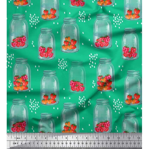 Soimoi Green Cotton Duck Fabric Bottle Vase & Strawberry Fruits Print Fabric by Yard 42 Inch Wide