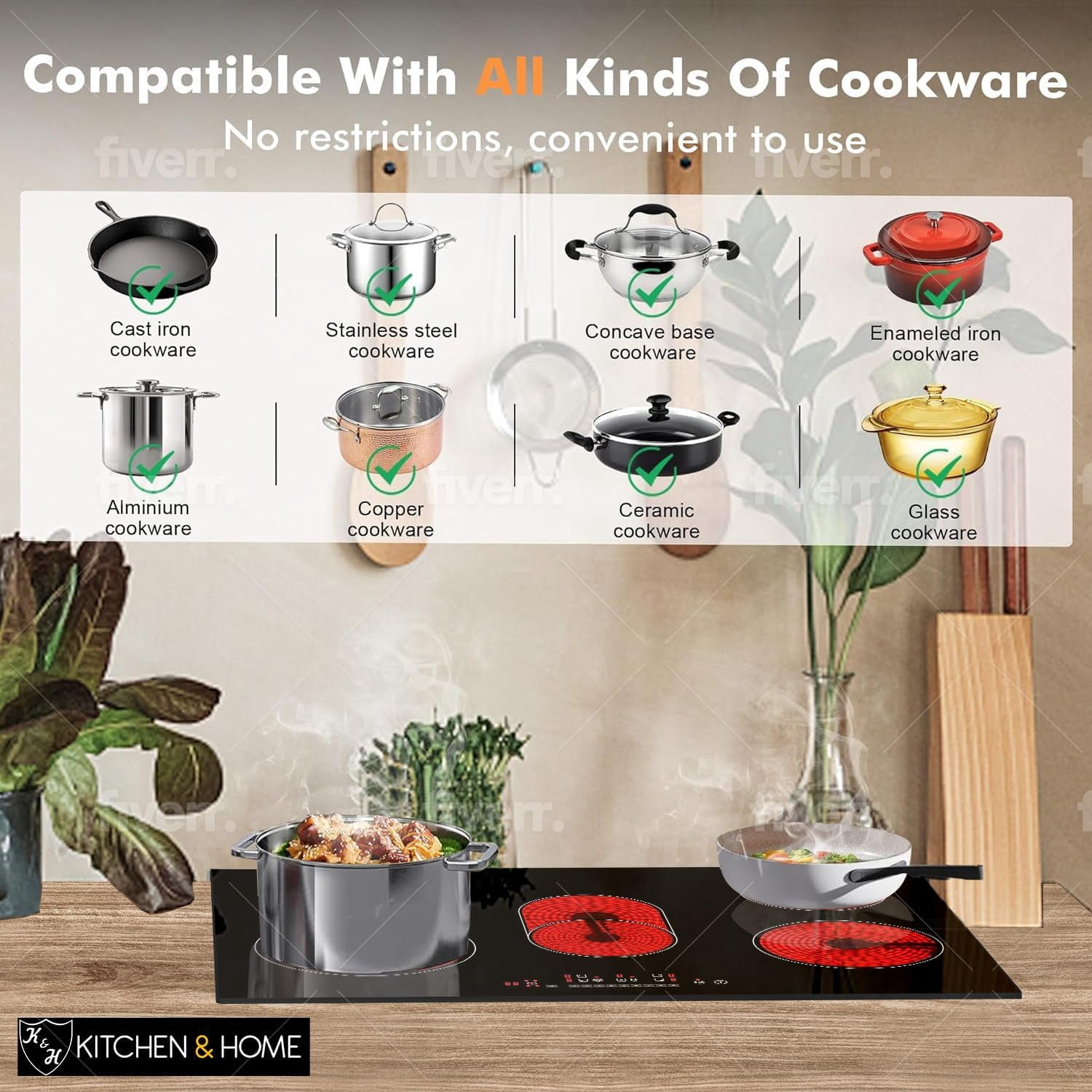 K&H German Designed 5 Burner 30 Inch Built-in Electric Stove Top Radiant Ceramic Kitchen Cooktop Touch Control 240V 8600W CE30-8608