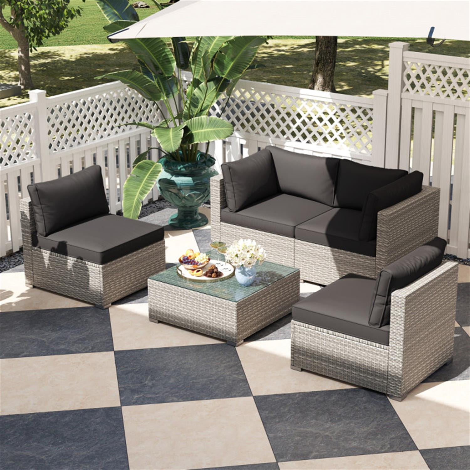 Demi Bonn 5-Piece Outdoor Patio Furniture Sets Sectional Sofa Couch and Glass Coffee Table with Cushions for Yard, Pool or Backyard, Black