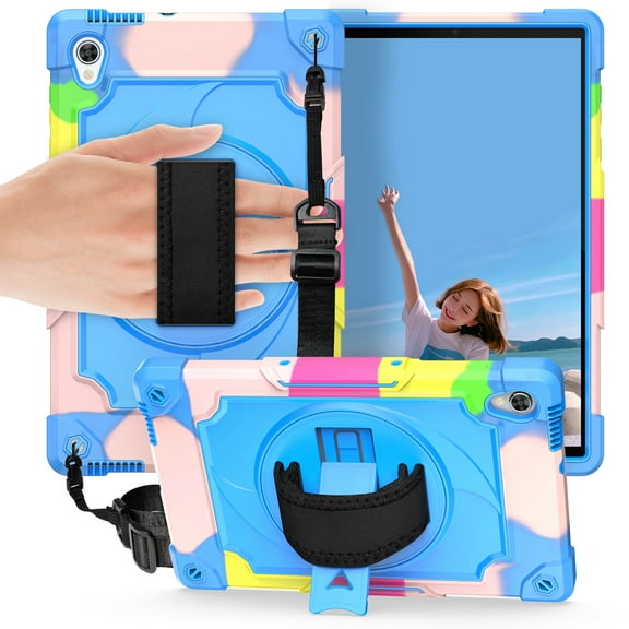 Dteck for Lenovo Tab M10 HD Case 2nd Gen 10.1 Inch 2020 with Shoulder Strap, Drop-Proof Design 360 Degree Rotating Hand Strap/Built-in Stand (TB-X306 TB-X306F TB-X306X) Protective Case,Rainbow Blue