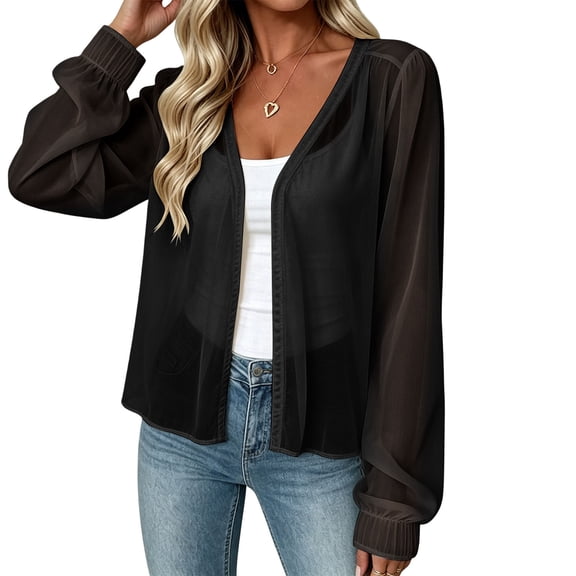ClodeEU Women's V Neck Long SLeeve Cropped Chiffon Cardigan, Lightweight Casual Loose Cover Up Black,Women's Plus L