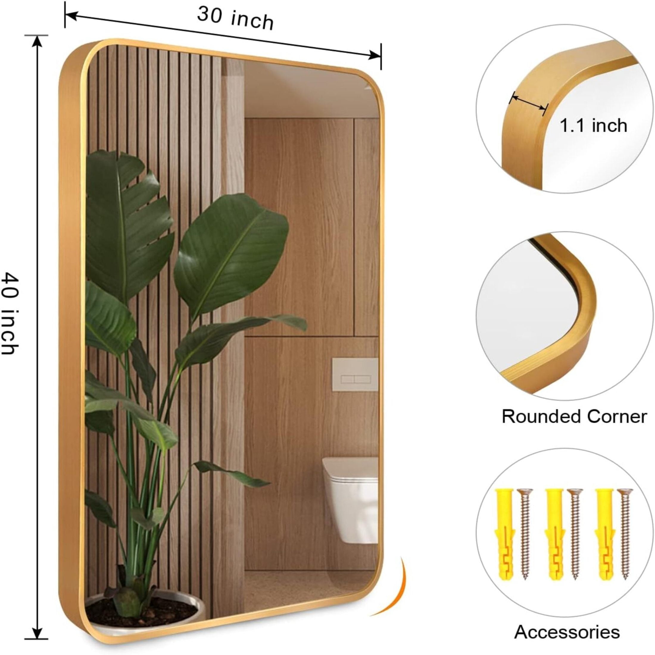 Noble House 30x40 Inch Rectangular Bathroom Wall Mirror, Aluminum Frame Vanity Mirror, Gold