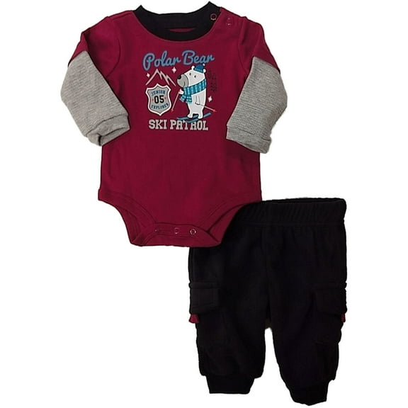Infant Boys Red Ski Patrol Polar Bear Bodysuit & Fleece Pants Outfit Set 0/3m