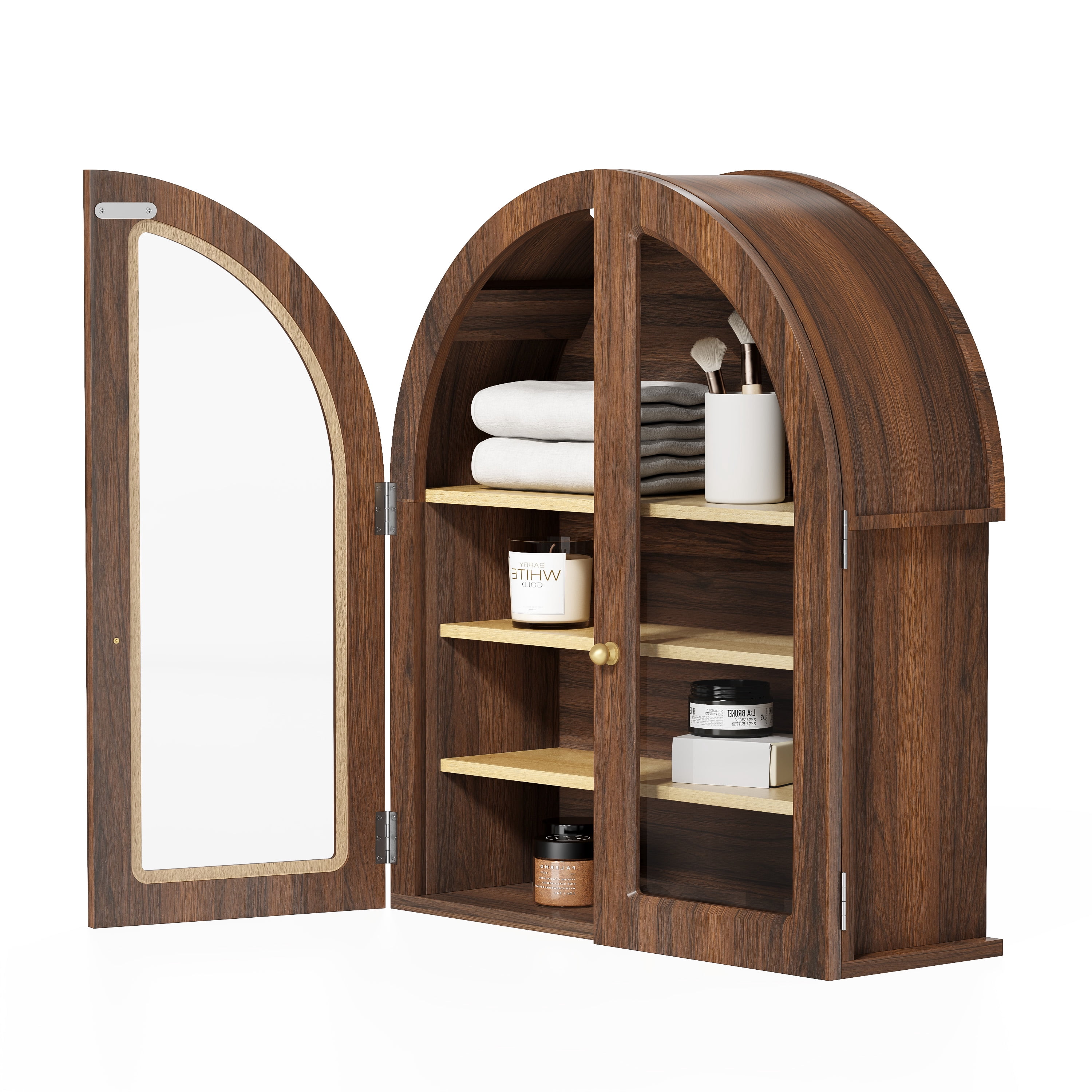 Joyyskill Arched Bathroom Wall Cabinet Modern Wooden Medicine Cabinet with Acrylic Doors, Farmhouse Wall Mounted Cupboard Storage Organizer, Brown Oak