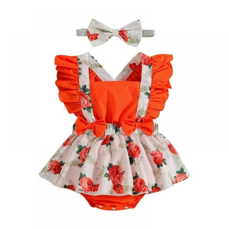 

Newborn Baby Girl Clothes Infant Romper Floral Suspender Dress Ruffle Sleeve Onesie Outfit Jumpsuit Headband Spring Summer