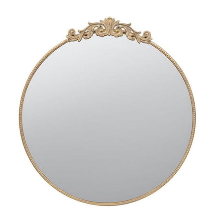 HomeRoots 485048 39 in. Crowned Top Iron Framed Accent Round Mirror, Gold