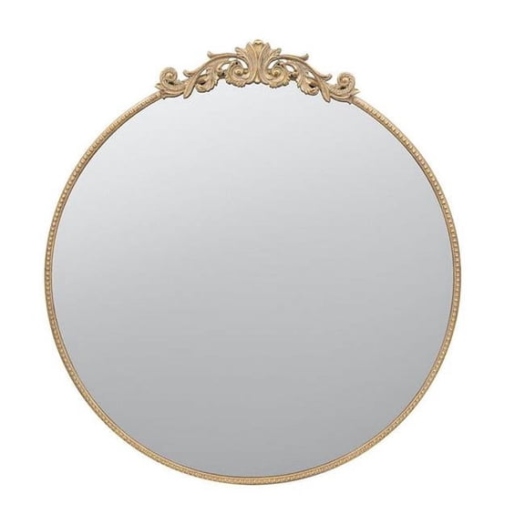 HomeRoots 485048 39 in. Crowned Top Iron Framed Accent Round Mirror, Gold