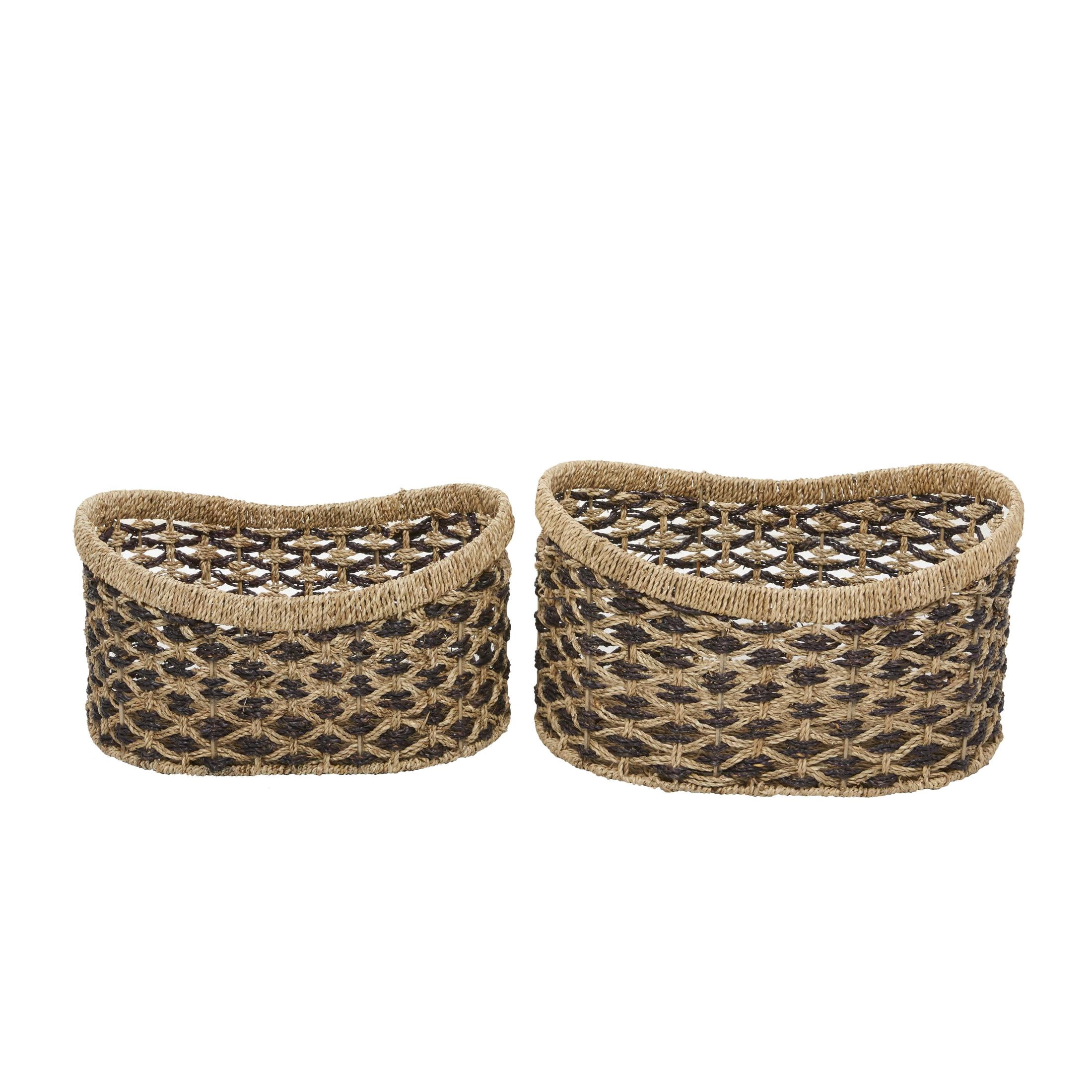 DecMode 10", 9"H Brown Seagrass Handmade Two Toned Storage Basket with Handles, 2-Pieces