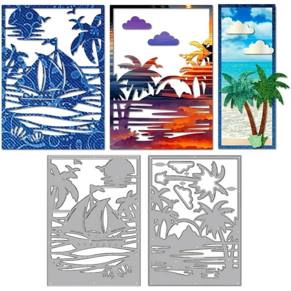 Seaside Coconut Tree Die Cuts for Card Making Sea Wave Sailboat Frame Embossing Metal Cutting Dies Beach Sunset Paper Craft Die Cuts for Scrapbooking Craft Paper Birthday Cards Decor