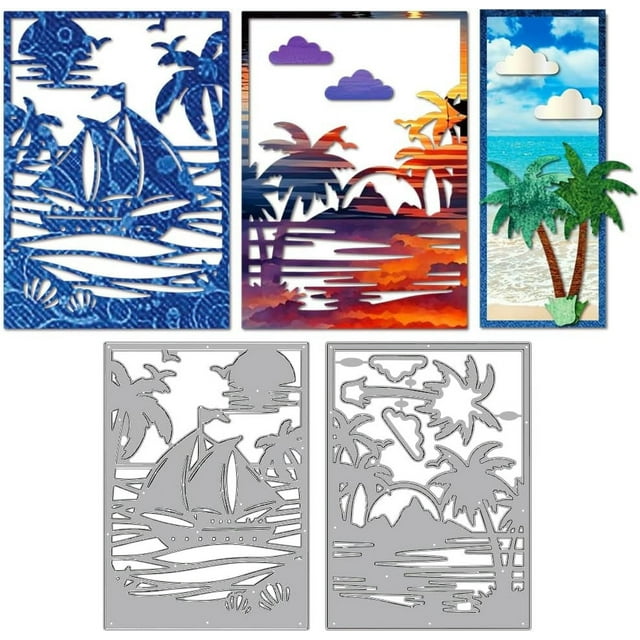 Seaside Coconut Tree Die Cuts for Card Making Sea Wave Sailboat Frame Embossing Metal Cutting Dies Beach Sunset Paper Craft Die Cuts for Scrapbooking Craft Paper Birthday Cards Decor