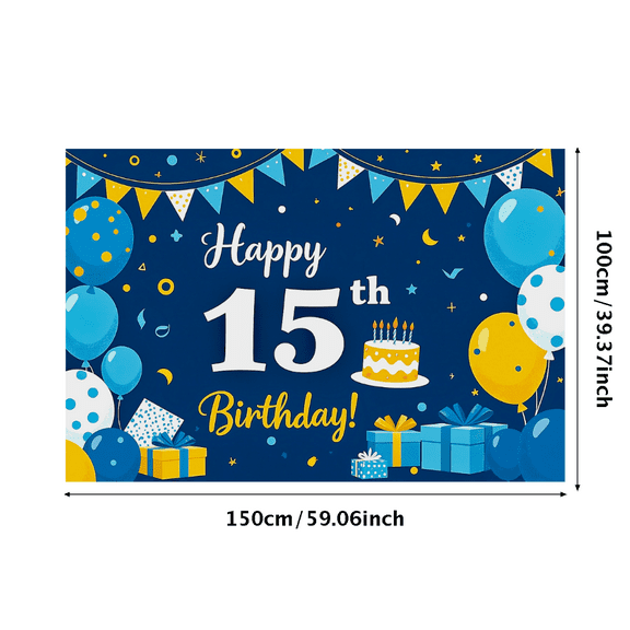 Blue Themed 15th Birthday Backdrop Banner with Balloons Cake Presents and Stars Background Decoration for Birthday Party Photography Props Decor Happy Birthday Supplies