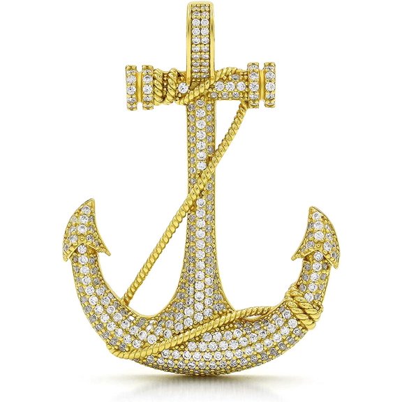 .925 Sterling Silver Anchor, Nautical Pendant Only, Gold Plated Micro Pave Cubic Zirconia, Giorgio Bergamo Gold