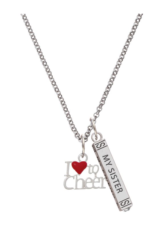Silvertone I love to Cheer with Red Heart Silvertone Always My Sister Bar Charm Necklace, 23"